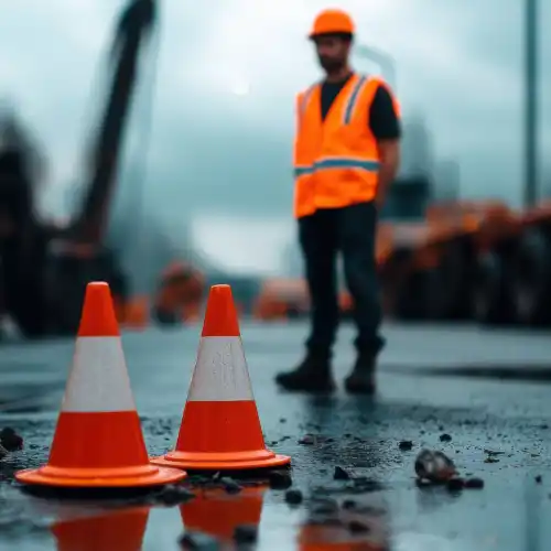 Highway Worker Wearing High Vis Standing Near High Vis Cones